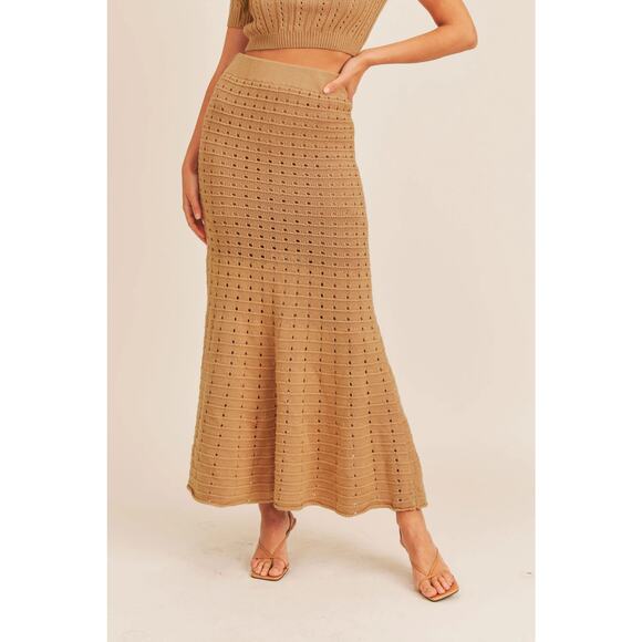 MABLE Pointelle Knit Maxi Skirt Tan Mermaid Hem Perforated Small - Picture 4 of 6